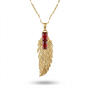 Gold Feather Pendant Necklace with Red Zirconia Stones