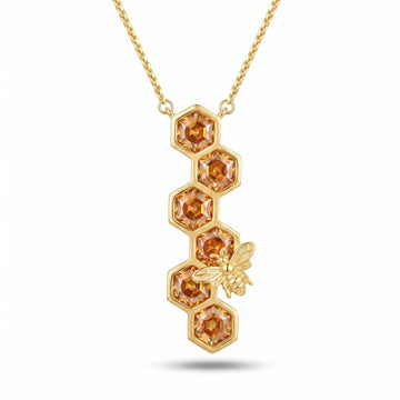 Honeycomb Bee Pendant Necklace, Gold Amber and Rainbow