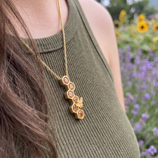 Honeycomb Bee Pendant Necklace, Gold Amber and Rainbow