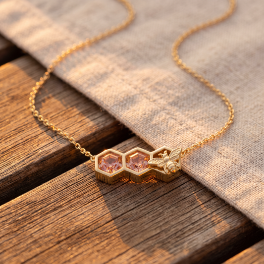 Busy Bee Pendant Necklace, Gold and Amber