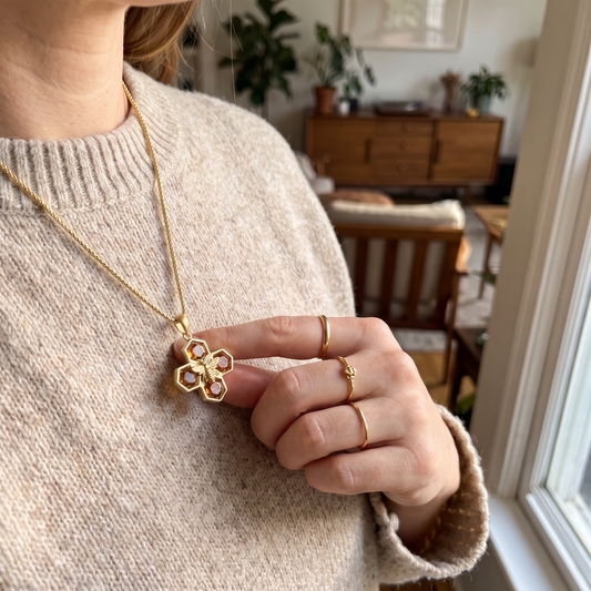 Worker Bee Pendant Necklace, Gold and Amber Zirconia