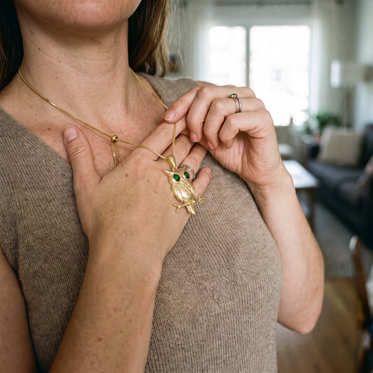 Gold Owl Pendant Necklace with Green Stone Eyes