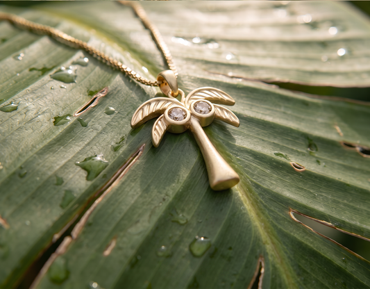Gold Palm Tree Pendant Necklace with Amber Stones