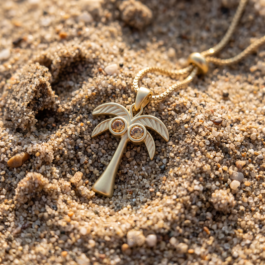 Gold Palm Tree Pendant Necklace with Amber Stones
