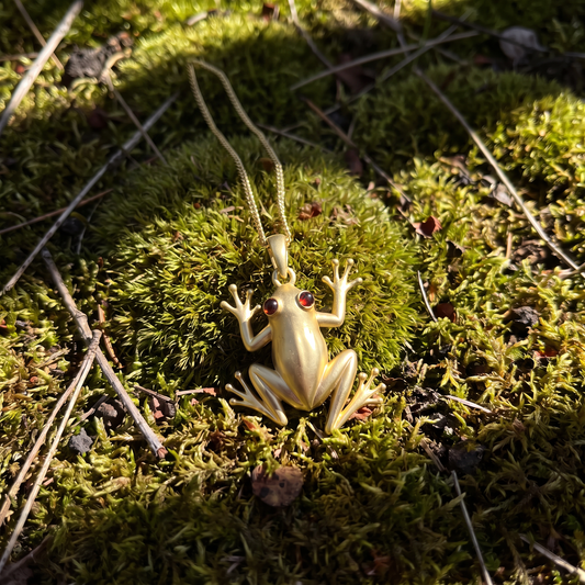 Gold Tree Frog Pendant Necklace with Garnet Eyes