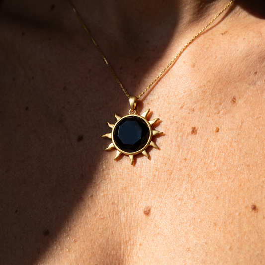 Gold Sunburst Onyx Pendant Necklace | Black Onyx Statement Necklace