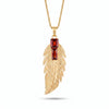 Gold Feather Pendant Necklace with Red Zirconia Stones