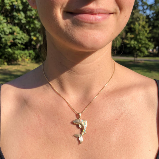 Gold Koi Fish Pendant Necklace with Opal Accents