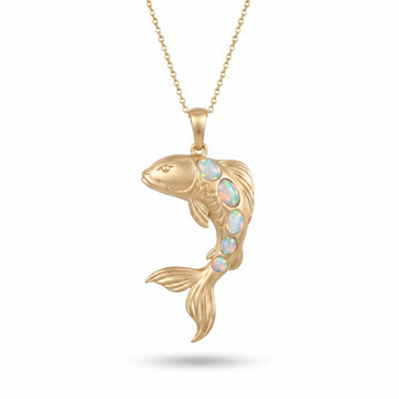 Gold Koi Fish Pendant Necklace with Opal Accents