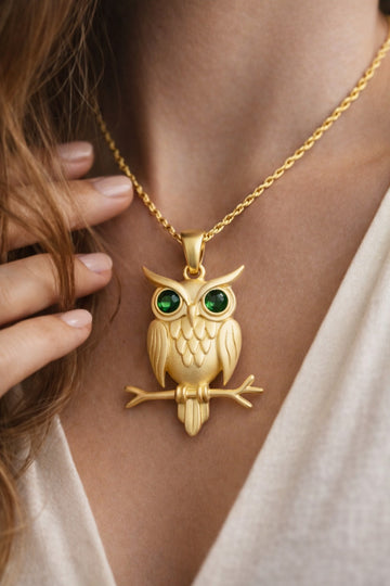 Gold Owl Pendant Necklace with Green Stone Eyes