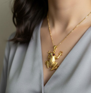 Gold Tree Frog Pendant Necklace with Garnet Eyes
