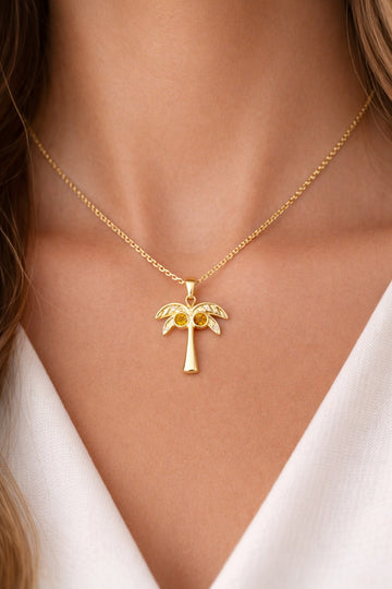 Gold Palm Tree Pendant Necklace with Amber Stones
