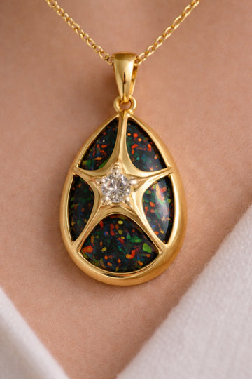 Gold Nebula Pendant Necklace with Black Opal and Moissanite Star