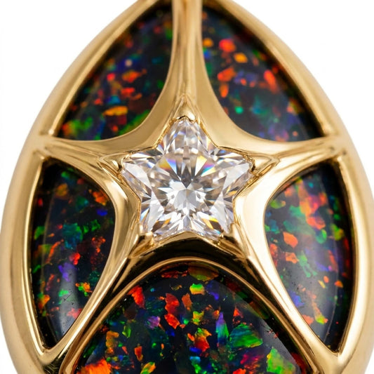 Gold Nebula Pendant Necklace with Black Opal and Moissanite Star