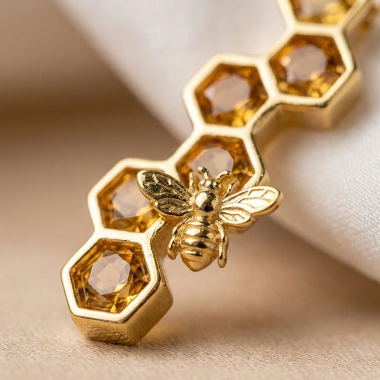 Honeycomb Bee Pendant Necklace, Gold Amber and Rainbow