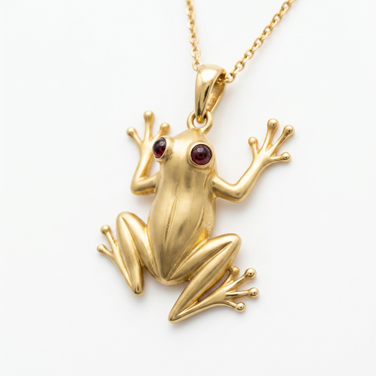 Gold Tree Frog Pendant Necklace with Garnet Eyes