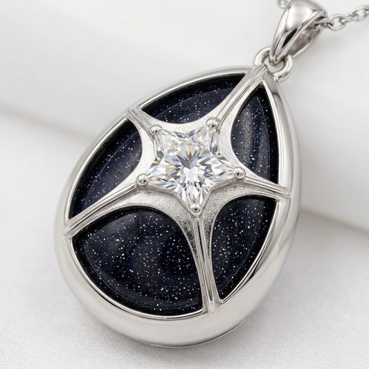 Silver Starry Sky Pendant Necklace with Blue Sandstone and Moissanite Star