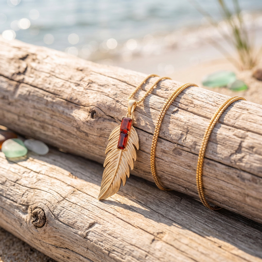 Gold Feather Pendant Necklace with Red Zirconia Stones