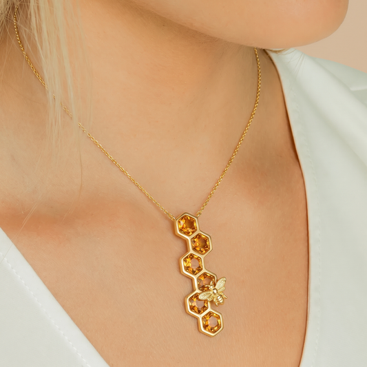 Honeycomb Bee Pendant Necklace, Gold Amber and Rainbow
