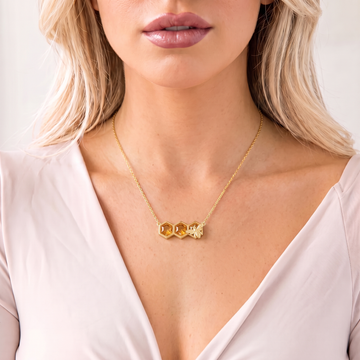 Busy Bee Pendant Necklace, Gold and Amber