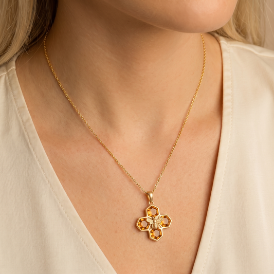 Worker Bee Pendant Necklace, Gold and Amber Zirconia