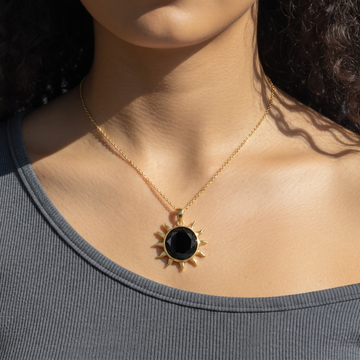 Gold Sunburst Onyx Pendant Necklace | Black Onyx Statement Necklace