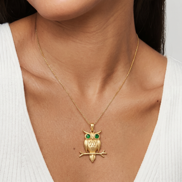 Gold Owl Pendant Necklace with Green Stone Eyes